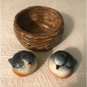 Serenity Ceramic Brown Nest Bowl with Blue Bird Salt & Pepper Shakers